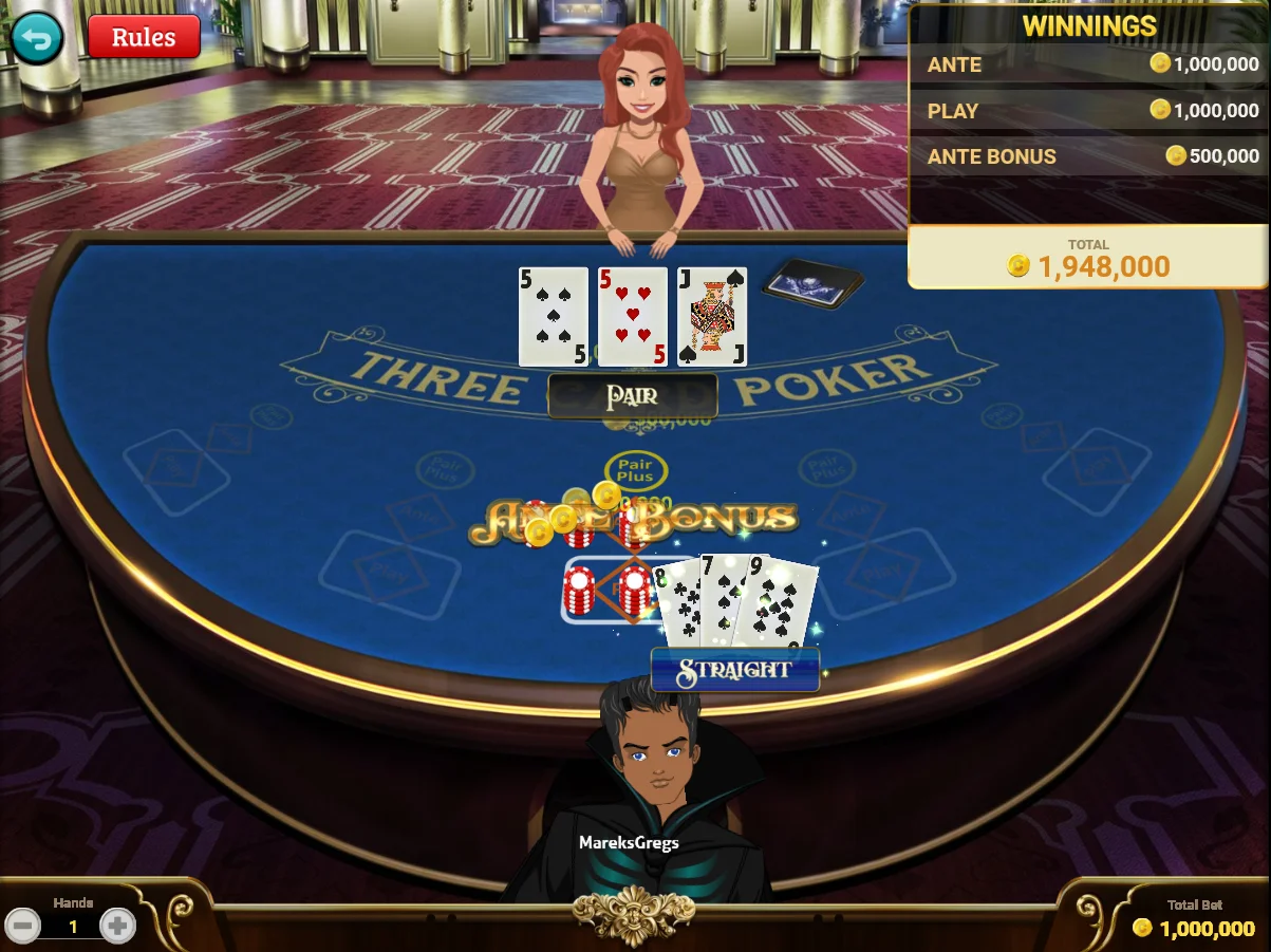 A Win in 3 Card Poker Player - Single Player A Win in 3 Card Poker Player - Single Player