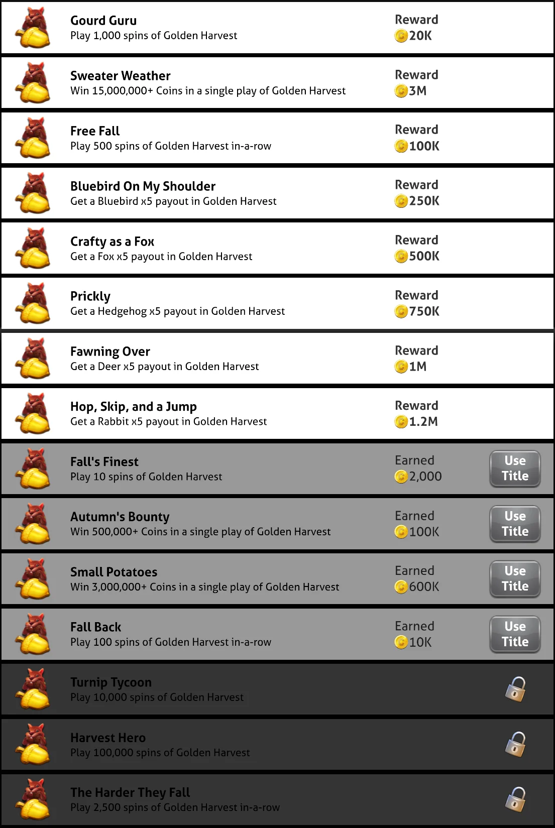 Golden Harvest Slots Titles & Achievements