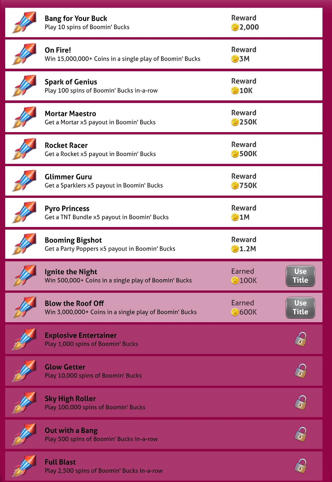Boomin' Bucks Slots Titles & Achievements