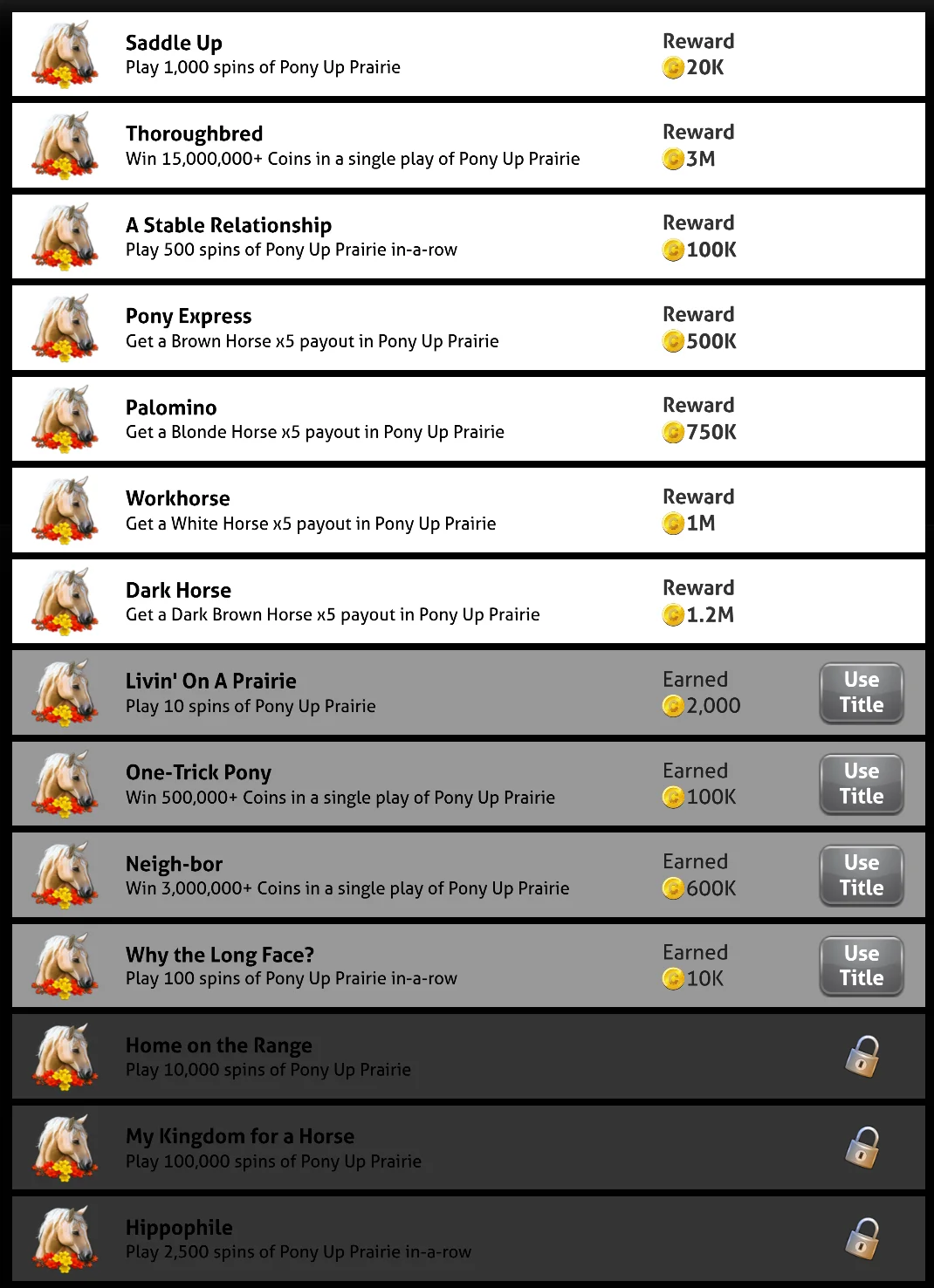 Pony Up Prairie Slots Titles & Achievements